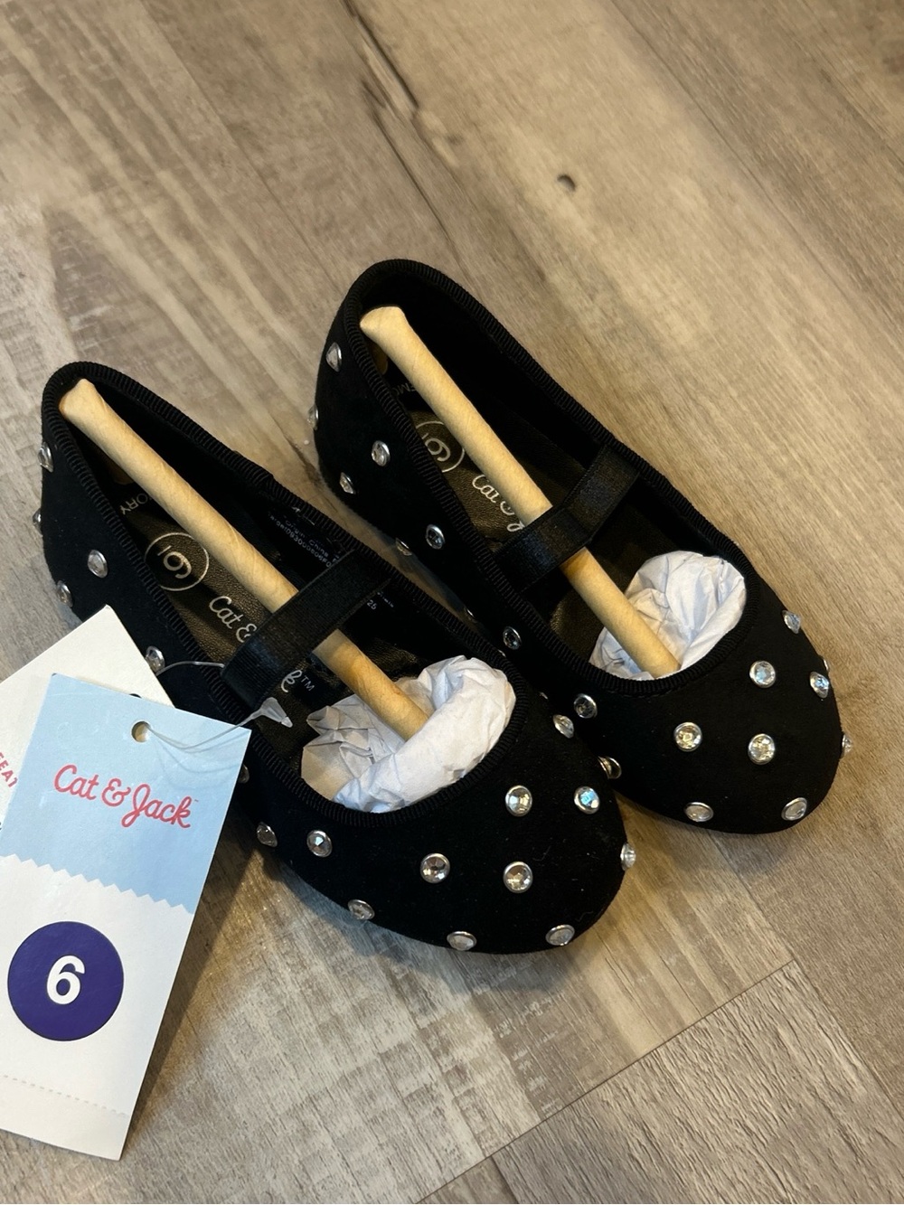 Cat & Jack Girls Studded Black Ballet Flats Round Toe Hook & Loop Closure